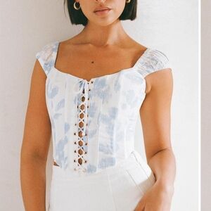 Sabo White Blue Watercolor Print Lace Up Corset Bustier Top Ruched Strap S